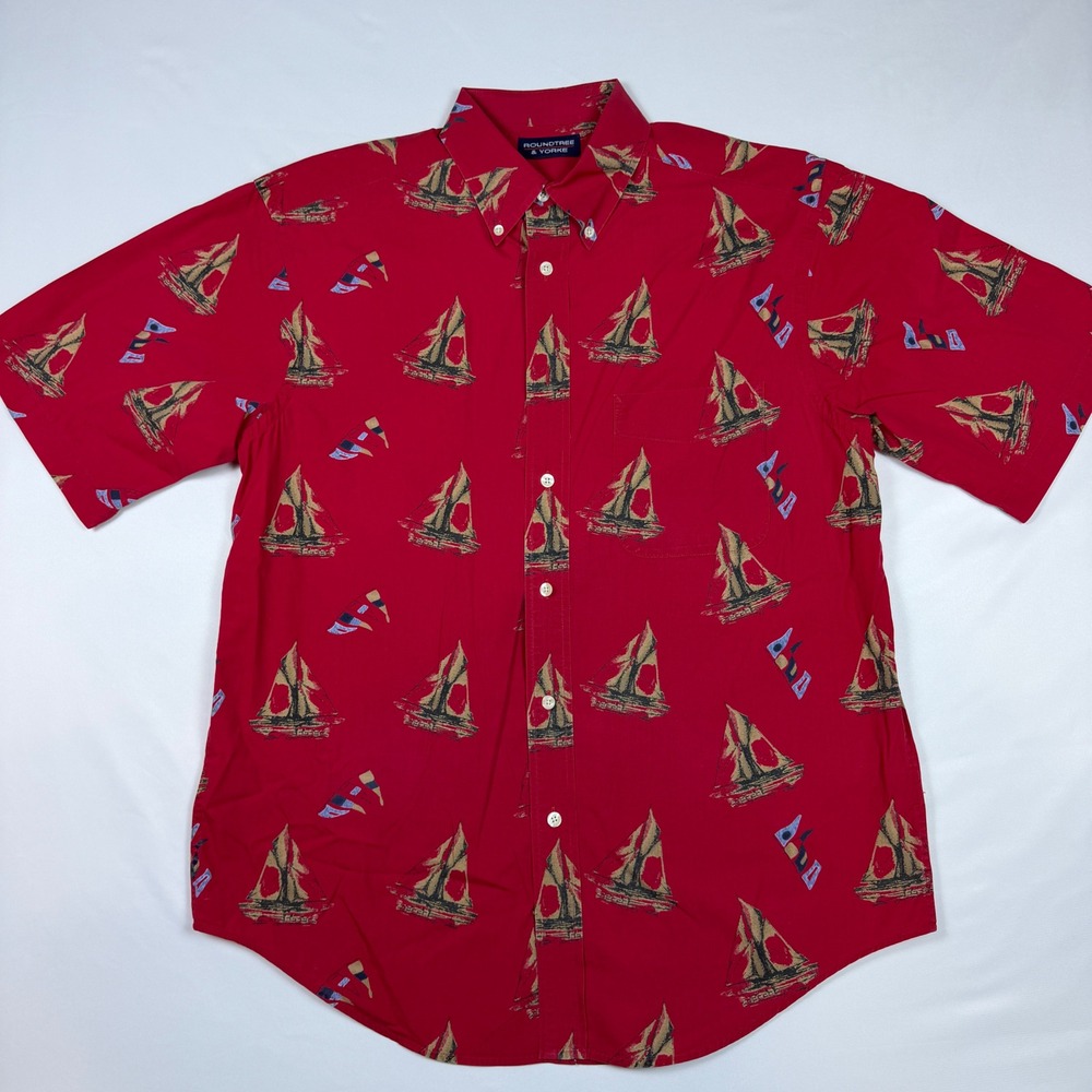Roundtree & Yorke Boat Shirt Mens M Red Good‎ Sailboat Print Cotton Button Down